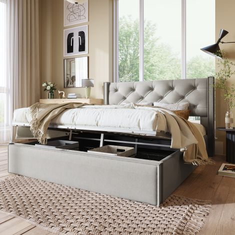 Cama doble tapizada hidráulica de 160x200cm, con somier de láminas metálicas, base moderna con espacio de almacenamiento, algodón, gris claro.