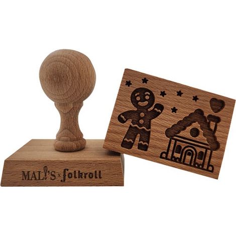 Tampon En Bois Rectangle - Motif Bonhomme & Maison Pain D'épices - Patisse