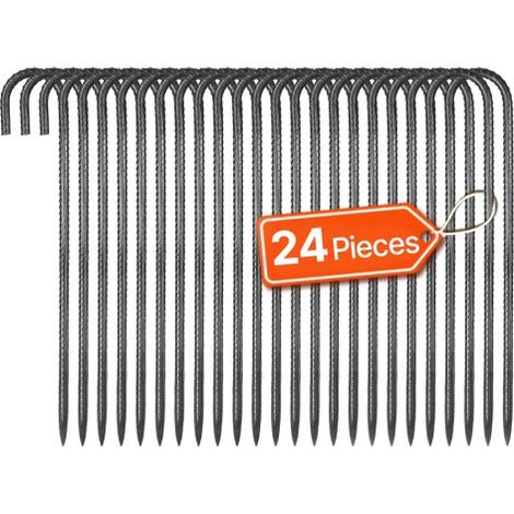 24 PCS Estacas de Varilla de Refuerzo 406,4 mm con Gancho en J de Diámetro 1 cm, Anclajes de Acero Galvanizado con Punta de Cincel y Revestimiento Resistente a la Oxidación para Jardinería (1/5)
