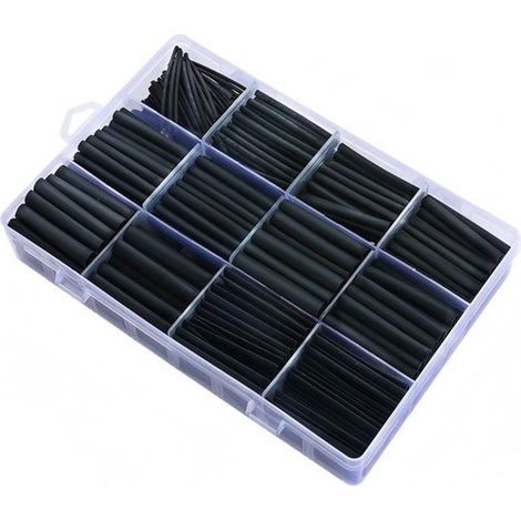 Conditionnement de 650 gaines thermorétractables noires étanches, gaines électriques extensibles, gaines thermorétractables noires 2:1, tubes isolants électriques, 12 tailles