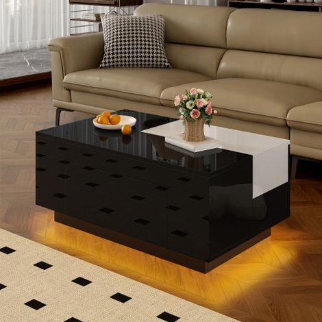 Table Basse Brillante avec Éclairage LED RGB 16 Couleurs, Plateau Extensible Noir et Blanc, Table de Salon Moderne avec Rangement Caché, Contrôlée par Application Bluetooth (1/5)