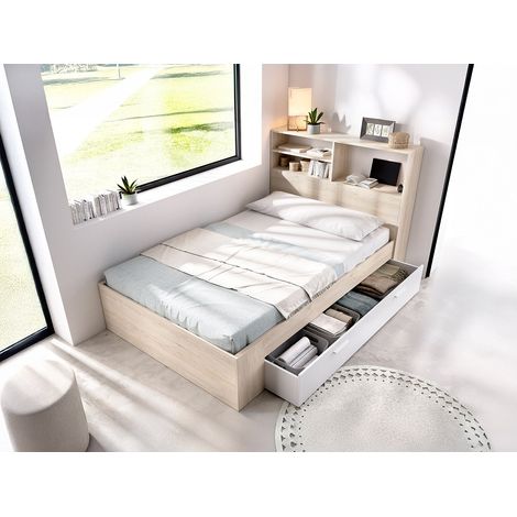 Letto 120 x 190 cm con vani portaoggetti Naturale e Bianco - VARDIEL (1/4)