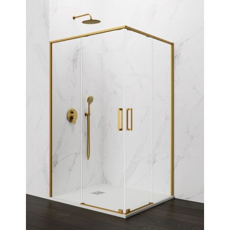 TWENTY corner entry shower enclosure with two sliding doors and two fixed panels, 70x70 cm, clear glass, gold finish (1/5)