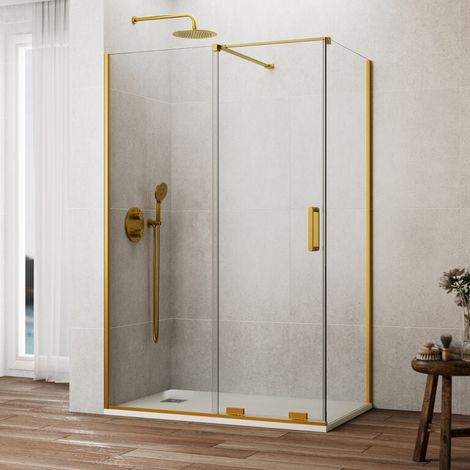 KENNA box doccia angolare con porta scorrevole, pannello fisso frontale e lato fisso, 180x70 cm, vetro trasparente, finitura oro spazzolato (1/5)