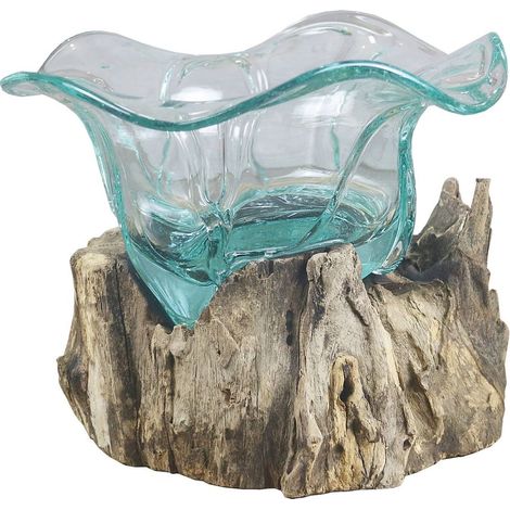 Regalo Italiano Radice Legno Naturale con Vaso H 17 x 20 x 20 Cm Celeste