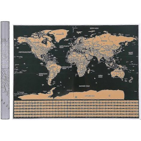 Carte du monde à gratter avec fond noir et feuille de cuivre ornée des drapeaux nationaux - L/avec cylindres (1/5)