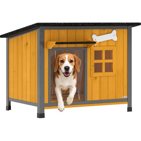 Niche pour chien extérieur - PawHut - anti-morsure toit ouvrable imperméable rideau auvent - bois et acier - 84,5x62x65cm - jaune (1/5)