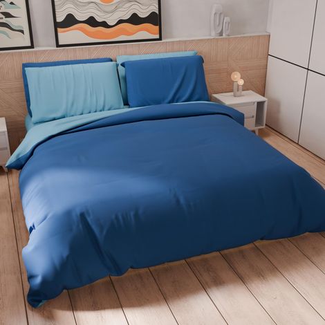 Parure de lit 2 Places Maxi 240 x 220 cm 2 taies d'oreiller 80 x 80 cm incluses, Housse de Couette en Microfibre Douce Couleur Unie Bleu électrique - Bleu Clair (1/5)