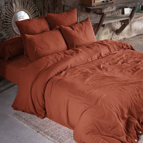 Housse de couette Double Gaze Coton Gaia Terracotta 240x220cm (1/2)