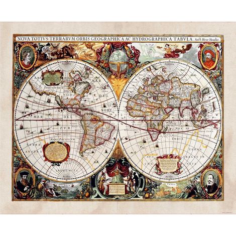 papier peint panoramique carte du monde vintage beige, rouge et jaune - Sanders & Sanders (1/4)