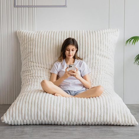 Grand lit de sac de billes, chaise de sac de billes carrée, grand canapé avec housse en fausse fourrure et garnissage moelleux pour adultes, couples, invités (Corduroy Beige, 150 x 200 cm) (1/5)