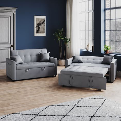 ELEGANT 3-in-1 Sofa Bed with Plastic Legs, Storage, Hidden Pull-Out Bed, Adjustable Backrest and 2 Cushions, Light Gray