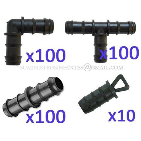 Lot Irrigation goutte à goutte 16mm: 100 tés + 100 coudes + 100 jonctions + 10 bouchons