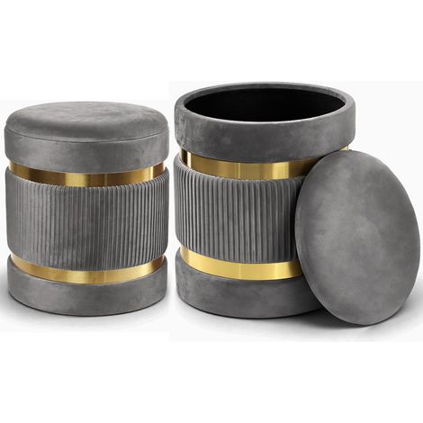 Set 2 Pouf Contenitore Grigio con Rivestimento Velluto Morbido Sgabelli Moderni (1/5)