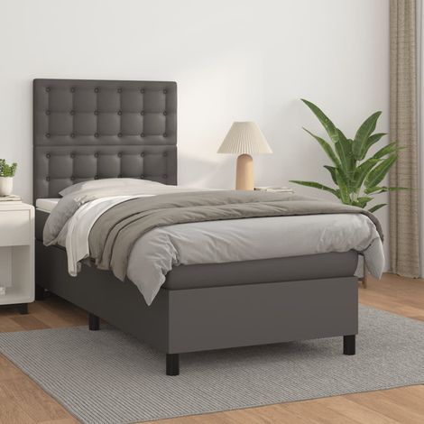 Cama box spring con colchón cuero sintético gris 80x200 cm