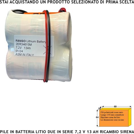 Pacco 2 Pile litio ER34615M 7,2 V 13 Ah Batterie Non Ricaricabili Ricambio Compatibile Sirena Radio Connettore Polarizzato Sostituibile Dimensioni H62XL69Ø34 mm Pronta all'Uso Direttiva ISO 9001 (1/2)