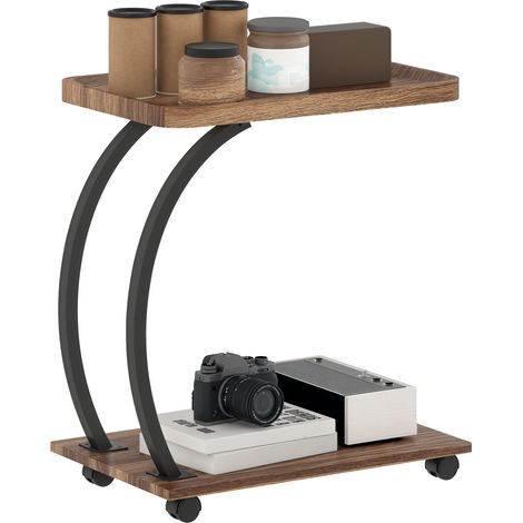 Brown 2-Tier Mobile C-Shaped Side Table for Living Room-Versatile Rolling Design