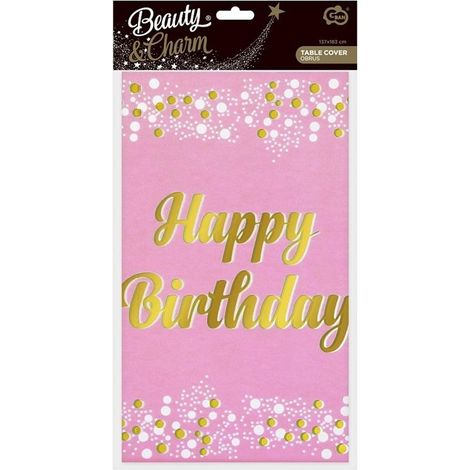 Tovaglia rosa metallizzata "Happy Birthday" di B&C, 137x183 cm