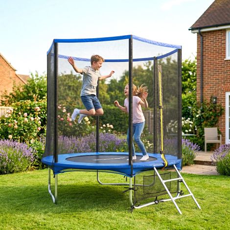 Cama Elástica Exterior Ø183 cm Trampolín para Niños de +6 Años Adultos con Red de Seguridad Escalera de 2 Peldaños Azul (1/5)