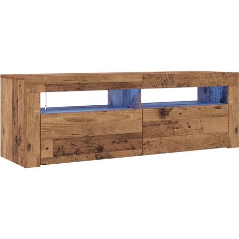 Meuble TV design moderne avec lumières LED rangement 120 x 35 x 40 cm ambiance cosy en bois d'ingénierie vieux bois