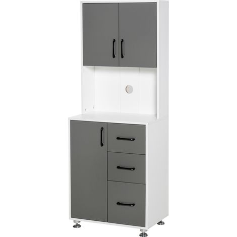 Buffet cuisine multi-rangements 2+1 porte 3 tiroirs + grand plateau bicolore gris blanc 60x40x160 cm