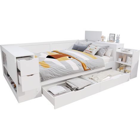 Lit en bois, lit pour enfant, lit de rangement 140x200 cm, lit de jour, lit de rangement multifonction avec tiroirs, étagères et armoires de rangement, avec tables de chevet, adapté aux adolescents, s