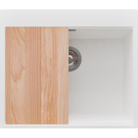PRIMAGRAN Evier Cuisine en Granit 58x50cm,Lavabo 1 bac + Kit de Vidage + Planche à Découper, Évier à Encastrer au meuble 60cm - Oslo, Blanc (1/5)