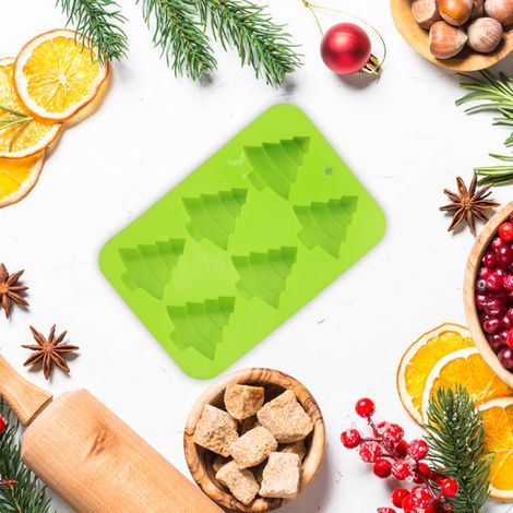 Moule à pâtisserie en silicone à 6 cavités en forme de sapin de Noël : gâteaux, chocolats, bonbons, savons artisanaux, cubes de savon et biscuits. Antiadhésif. (1/5)