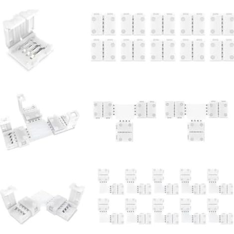 Lot de 22 connecteurs d'angle LED - 4 broches - 10 mm - Sans soudure - Pour bandes LED RVB SMD 5050/3528 - L - En forme de T (1/4)