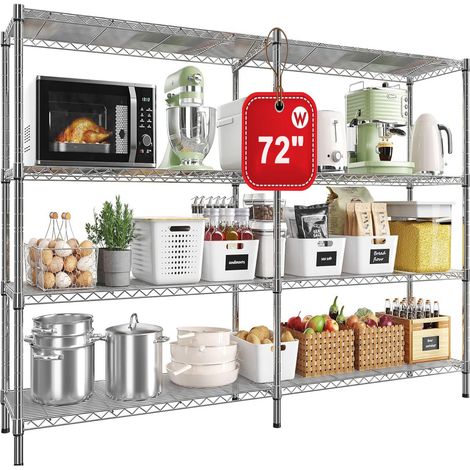 Étagères Métallique de rangement 46 x 183 x 152 cm à 4 niveaux, Coin étagères métalliques réglables pour le rangement, étagères de garage, garde-manger, étagères de cuisine, Argent (1/5)