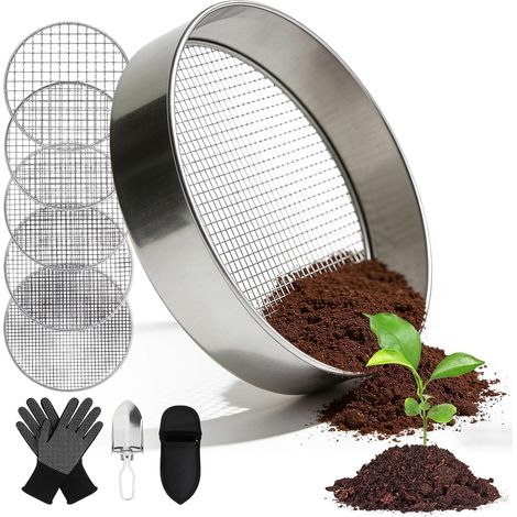 1 - Tamis Jardin - Acier Inoxydable - 5 Mailles Interchangeables Pour Compost Et Terre - Avec Pelle Et Gants - Argent - 20cm (1/5)