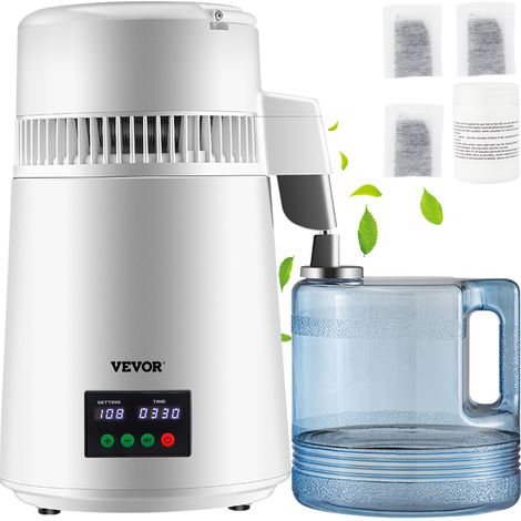 VEVOR Distillatore deAcqua Volume della Canna 4 L, Distillatore Bianco per Purificazione dellAcqua 1 L/H con Contenitore in Plastica, per Cucina Uffici, Lab, Ospedali, Cliniche Dentistiche, ecc.