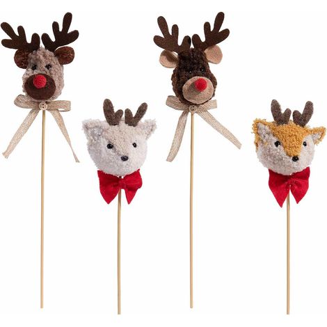 Animaletti renna di Natale in morbido peluche con fiocco su stick di legno per packaging e confezioni, set da 12 pezzi, cm 11 H (con stick 37)