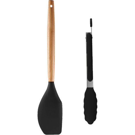 Ustensiles De Cuisine En Silicone Et Bois - Résistance Thermique Pour Poêles Antiadhésives - Set De 2 Pièces (1/5)