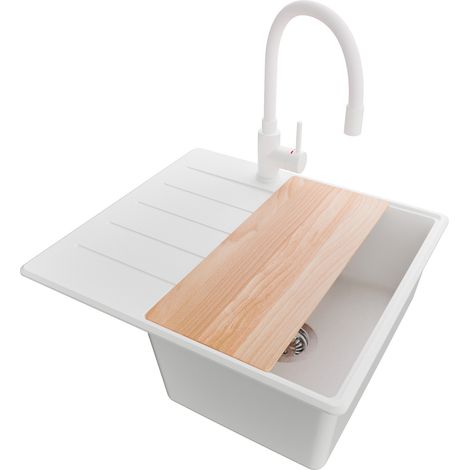 PRIMAGRAN Evier Cuisine en Granit 55x50cm, Lavabo 1 bac + Robinet 38x14cm + Kit de Vidage + Accessoire, Évier à Encastrer au meuble 40cm - Copenhague, Blanc (1/5)