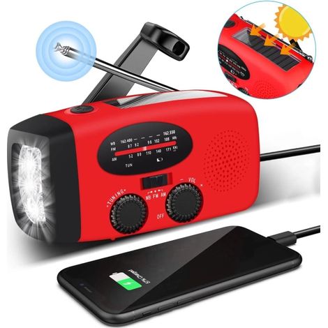 Filiyano – lampe torche et batterie – Radio Veva avec cellules solaires, lampe torche et batterie externe 2000 MAH avec fonction SOS d'urgence - Rouge (1/5)
