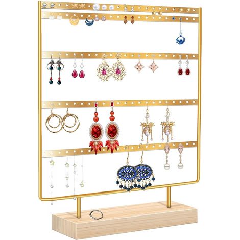 Porte-bijoux, Organisateur de Boucles D'oreilles en Métal à 5 Niveaux avec Base en Bois, Support Boucles d'oreilles Arbre à Bijoux pour Chaînes Colliers Bracelets Suspendues (Or) (1/5)