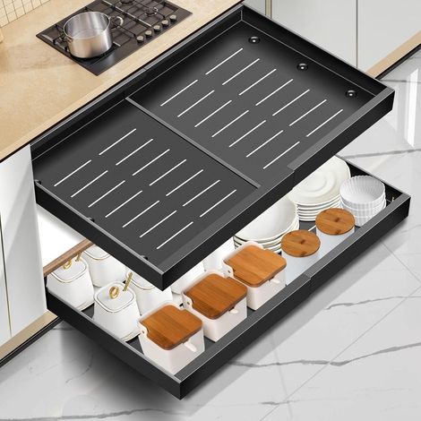 Lot de 2 organisateurs de placard extensibles - Tiroir de cuisine télescopique avec colle - Pour cuisine/salle de bain - Noir - Largeur : 40 à 68 cm - Profondeur : 42 cm (1/5)