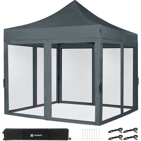 VONROC Tente de réception - 3x3 m - Premium Easy-Up Tente de réception  Set incl. parois latérales en moustiquaire – Grise (1/4)