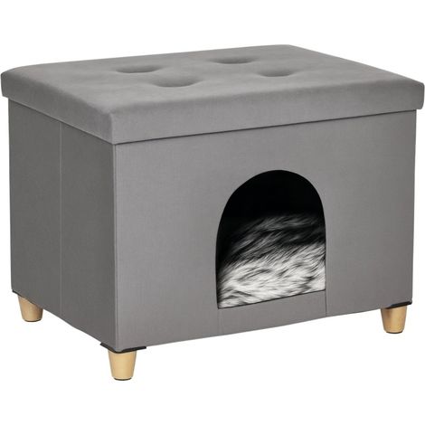 2-in-1 Katzenhöhle mit gepolstertem Pouf aus MDF, grau, 60 x 45 x 44,5 cm (1/4)