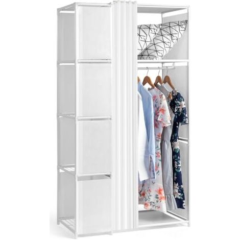 Kleiderschrank mit Vorhang, Metallschrank mit Kleiderstangen, Kleiderständer, für Garderobe, Schlafzimmer, 88 x 44 x 162 cm (1/5)