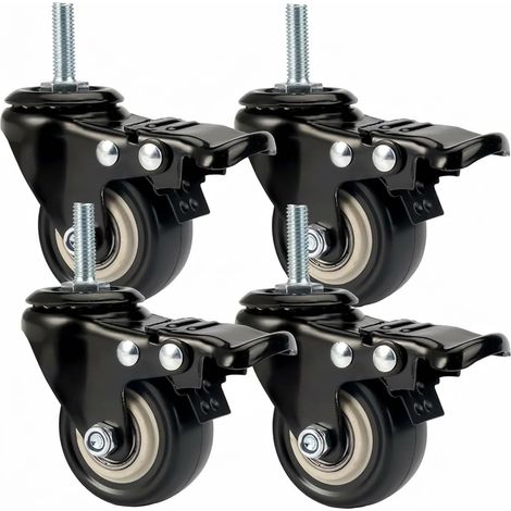 Lot de 4 Roulettes Pivotantes Tige Filetée M8x25mm, Roulettes pour Meubles Lourds 50mm, Largeur 25mm avec Frein, Roulettes Silencieuses en Caoutchouc, Capacité Totale 280kg, Protéger le Sol (1/5)