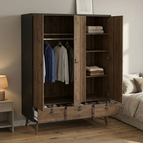 Dmora - Guardaroba 3 ante Augustine, Mobile camera da letto, Cabina armadio portabiti, Armadio appendiabiti, 150x60 h200 cm, Nero e Noce (1/5)