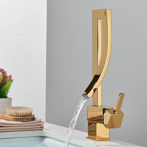 Mitigeur de Lavabo doré Haut Robinet Salle de Bain cascade pour Lavabo ou Vasque de Salle Bain,réglable chaud et froid Acier Inox (1/5)