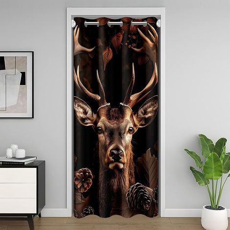 Rideau Occultant de Cerf 3D pour Adultes,Rideau de Bois D'Orignal Brun,Rideau de Porte de Pin Conique pour L'Intimité de Porte,Woodland Safari Animal Room Cloison Rideau pour Porte de Chambre,132x203 (1/5)