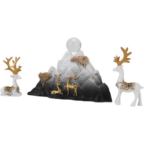 Statuettes cerf assis debout résine, figurines rennes déco, rocaille sculpture montagne pour salon bureau meuble TV décoration blanc noir (1/5)