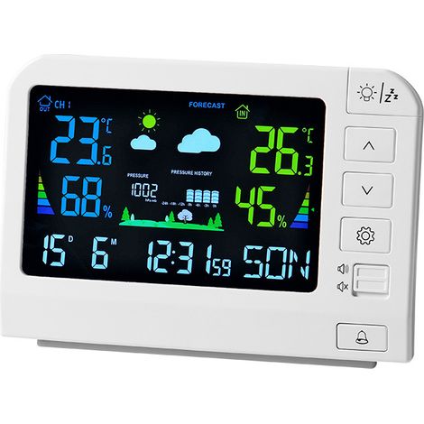 Multifunktionale Wetteruhr mit Farbdisplay – Wetterstation für drinnen und draußen mit Temperatur- und Luftfeuchtigkeitsanzeige, Kalender, Wecker und Wettervorhersage – Trywise