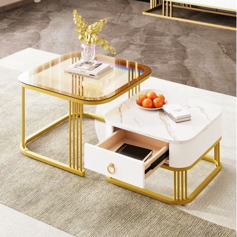 Table basse gigogne 2 pièces, effet marbre blanc, verre teinté et tiroir DESVIAE (1/5)
