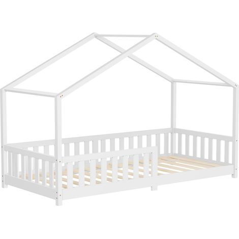 ML-Design Letto a Casetta per Bambini 90x200 cm Bianco in Legno Massello di Pino con Sponda di Sicurezza Rete a Doghe e Tetto, Struttura Bassa a Capanna Montessori per Cameretta