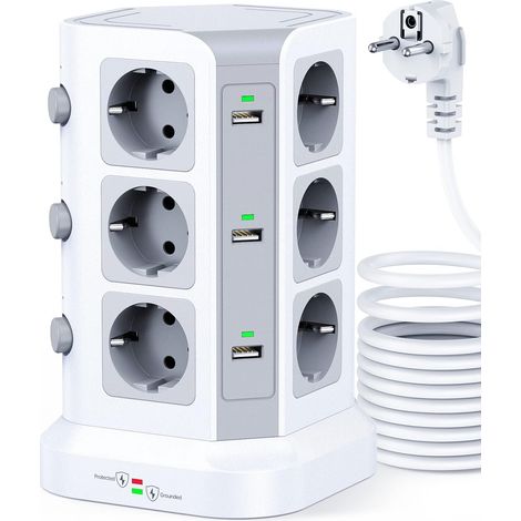Tour Multiprise, 12 Prises, 6 USB, 5M, Blanc 12 Prises, 6 USB, 4000W/16A, 3 Interrupteurs, Parafoudre, Câble 5M, Bureau (1/5)